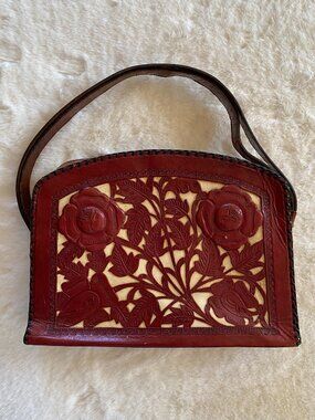 Vintage Artisan Tooled Leather Whipstitch Floral Purse Satchel Panama